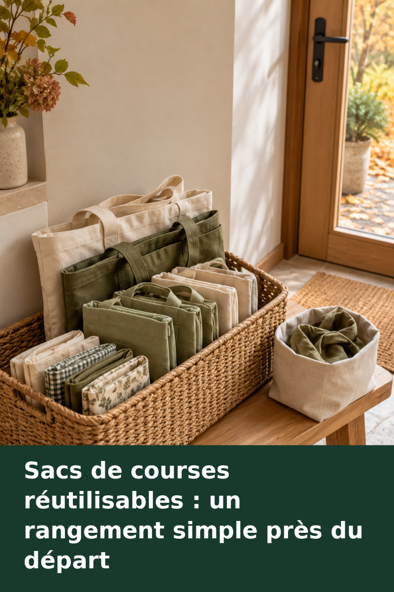 Cabas souples pliés et sacs réutilisables classés par format dans un panier près de la porte
