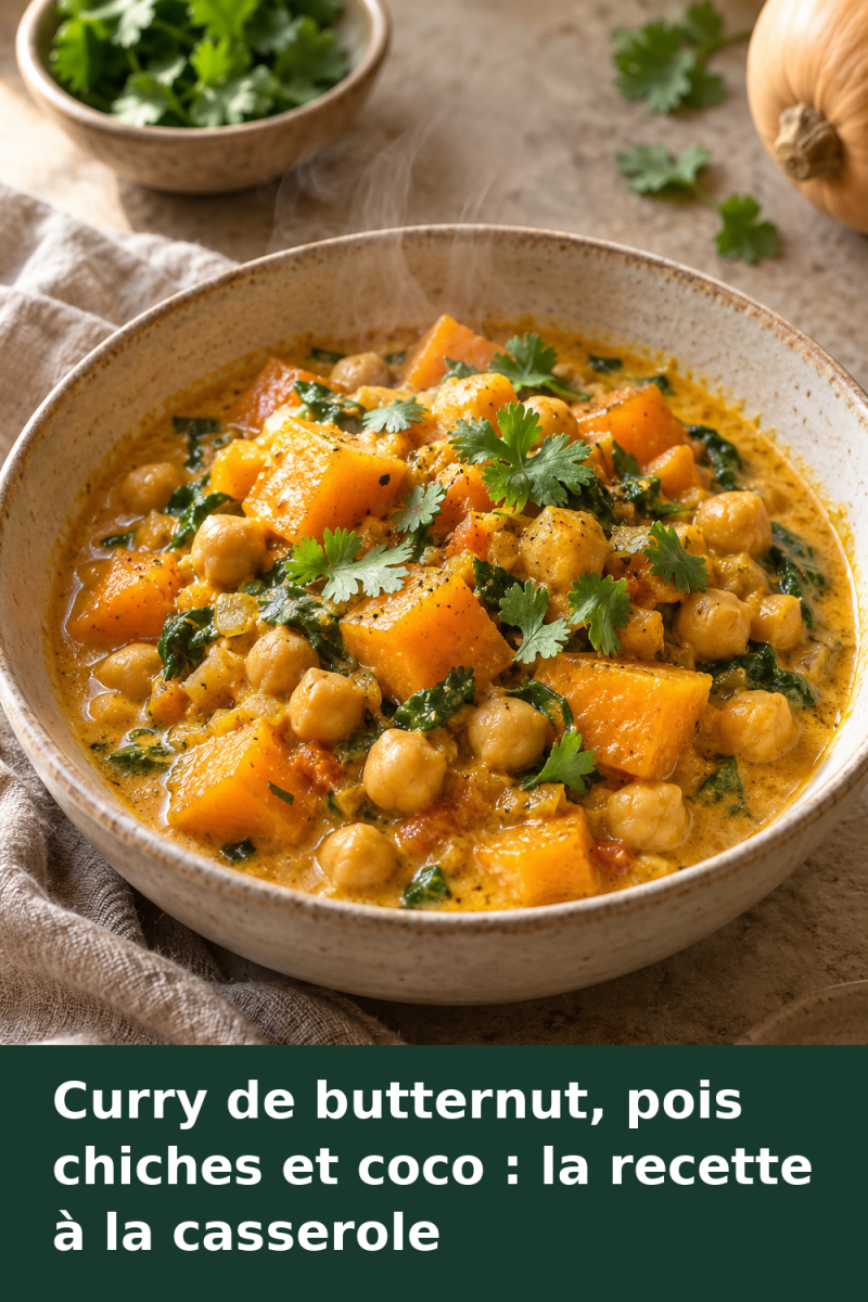 Curry de butternut et de pois chiches dans une sauce au lait de coco, garni de coriandre