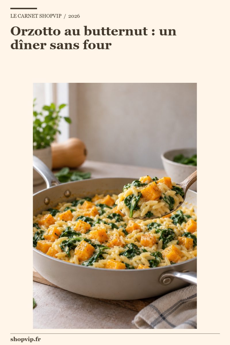 Sauteuse d’orzo lié avec de petits dés orange de butternut et des feuilles d’épinards, une cuillère montrant les pâtes sans liquide libre.