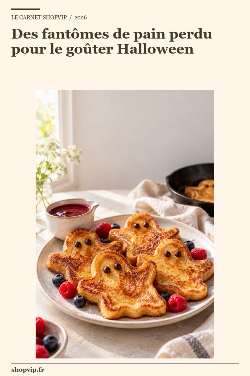 Brioche perdue dorée découpée en fantômes aux yeux en chocolat, servie sur une assiette avec un petit pot de coulis rouge et une poêle en arrière-plan.