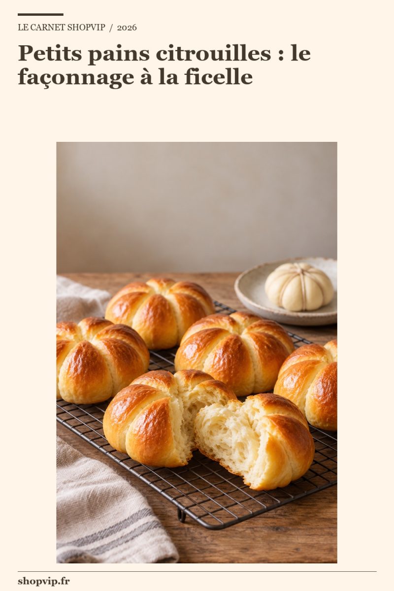 Petits pains au lait dorés en forme de citrouille, sans ficelle ni tige, avec un pain ouvert à mie claire et une boule crue bridée sur une coupelle séparée.