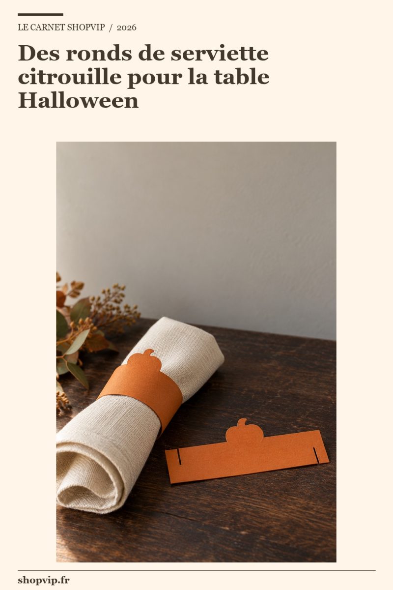 Serviette écrue roulée dans un anneau de carton orange à silhouette de citrouille ; une bande ouverte posée à plat montre les fentes de montage.
