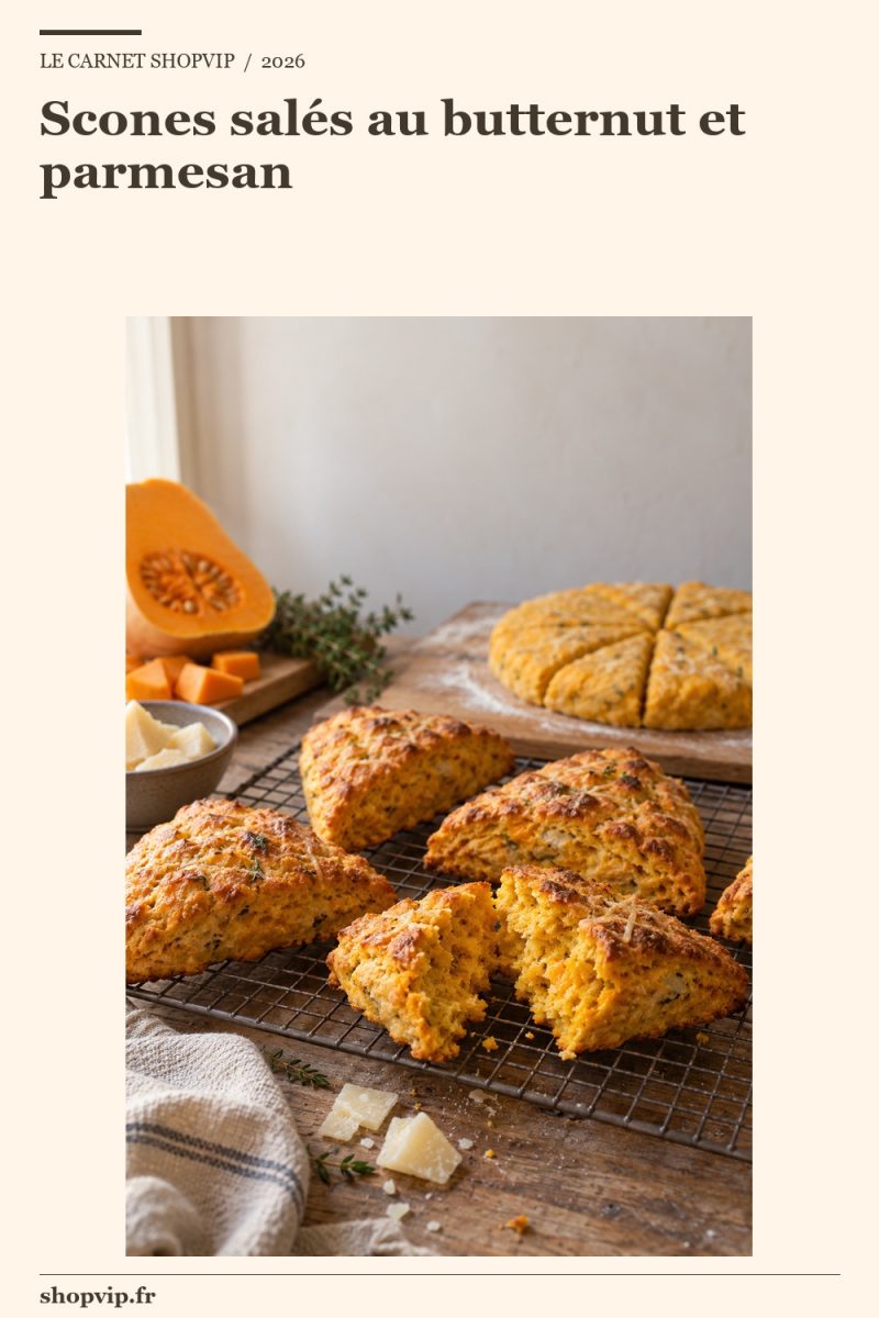 Scones triangulaires au butternut et parmesan sur grille, dont un ouvert sur sa mie tendre.