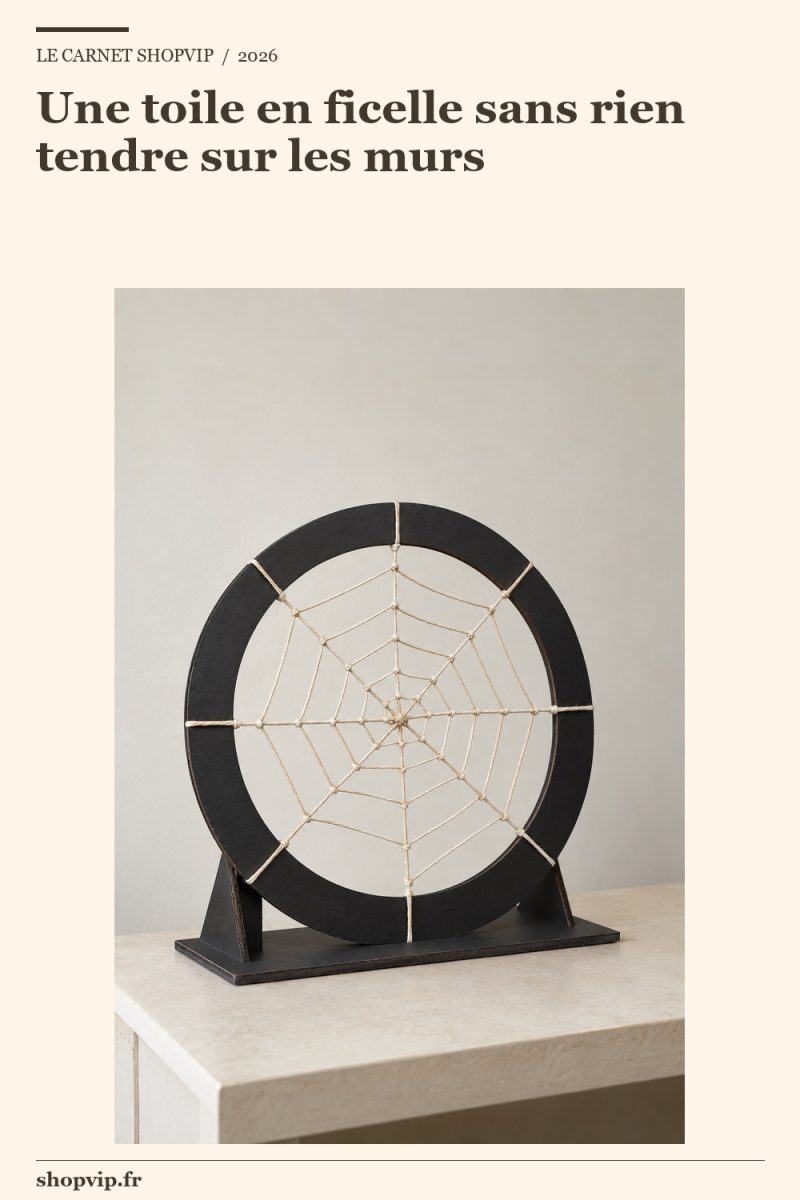 Anneau noir portant une toile en ficelle écrue à huit rayons et une spirale, posé sur un socle plat avec deux renforts triangulaires visibles sur les côtés.